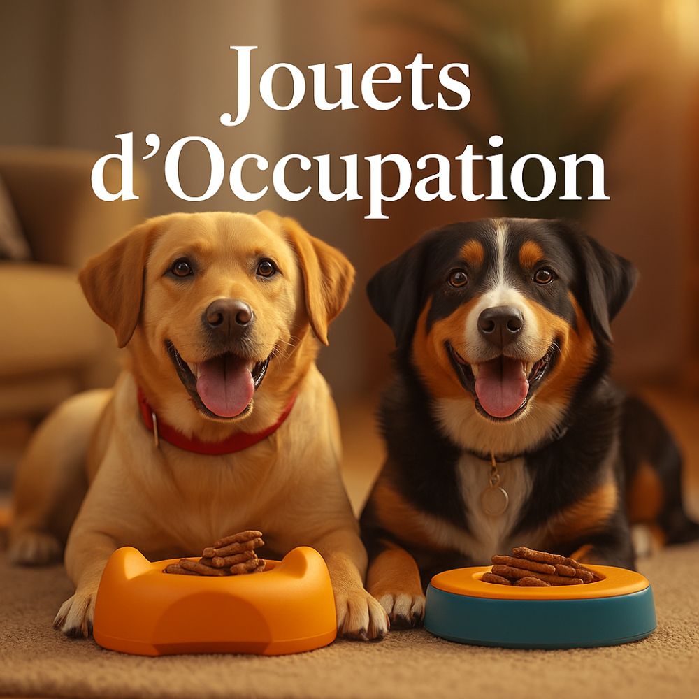 Deux chiens utilisant des jouets d’occupation idéals pour canaliser leur énergie et les divertir longtemps. Scène mettant en avant une collection conçue pour éviter l’ennui.