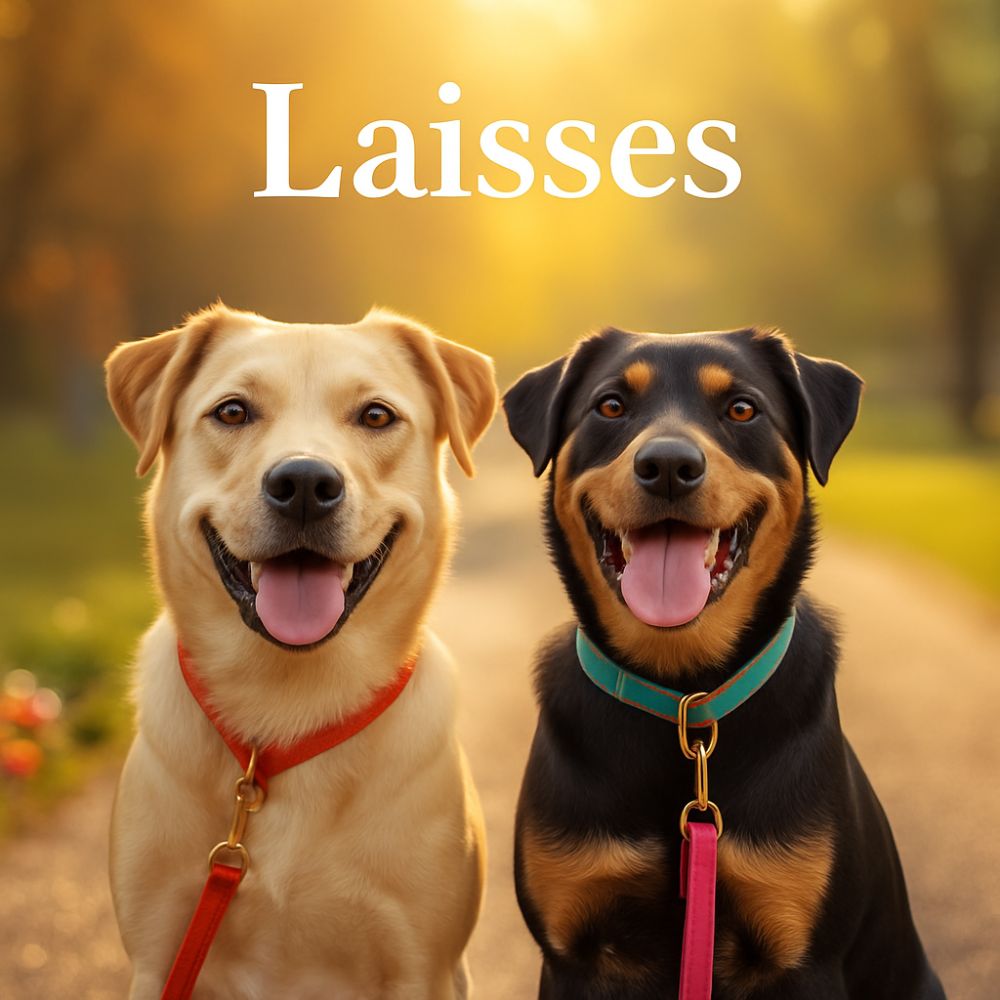 Deux chiens tenus par des laisses solides dans un environnement doux et lumineux. Photo dédiée à la collection de laisses pratiques, résistantes et confortables à utiliser au quotidien.