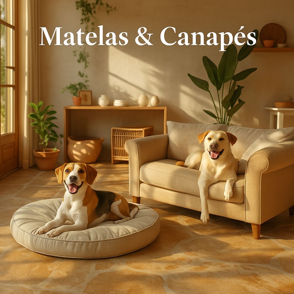 Deux chiens allongés sur des matelas et canapés pour chien, mettant en avant une gamme de couchages larges et confortables, idéale pour le repos et le soutien articulaire.