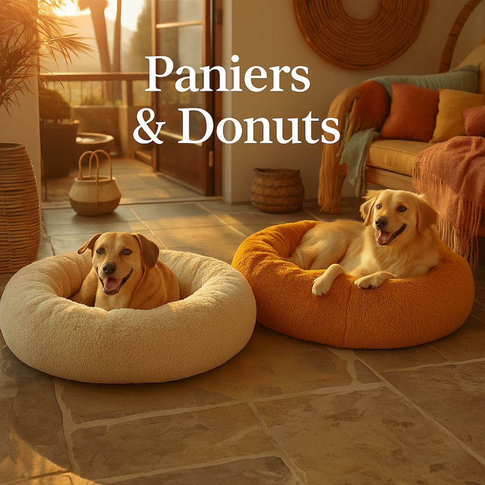 Deux chiens reposant dans des paniers donuts douillets, illustrant la collection de couchages ronds conçus pour offrir sécurité, chaleur et confort aux chiens de toutes tailles.