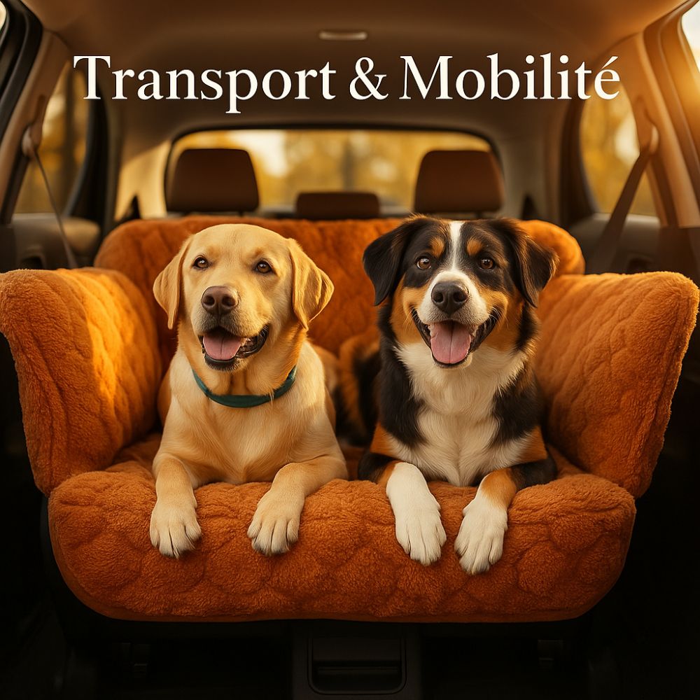 Deux chiens posés près d’accessoires de transport et de mobilité. Cette image illustre une collection de solutions pratiques pour voyager sereinement avec son chien.